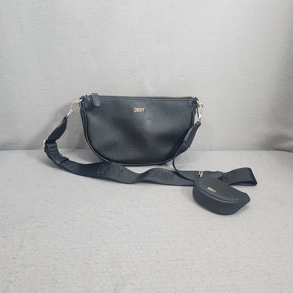DKNY Crossbody Bag Black Saffiano Leather Logo Strap‎ Coin Purse Womens Small